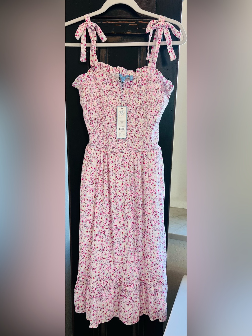 Draper James Pink Floral Tie-Shoulder Smocked Dress